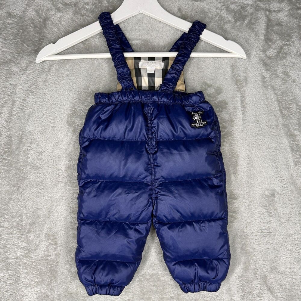 Burberry Snow Bib Baby 9M Blue Down Puffer Authentic Unisex Zip Pockets Designer